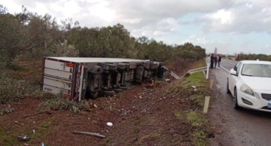 Yabancı plakalı TIR hendeğe yuvarlandı